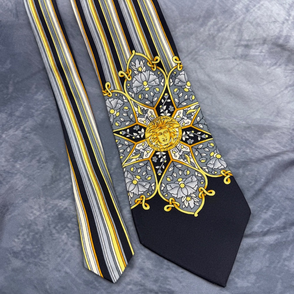 Gianni Versace Mens Silk Tie Medusa Head Floral Stripe Black Yellow Spain 59"